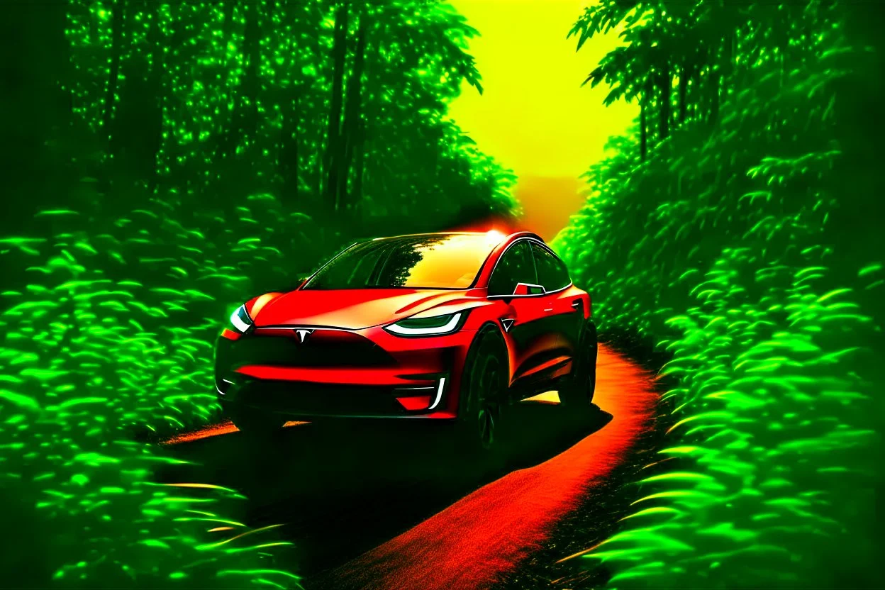 A Tesla's 'Model Y' is racing at top speed, across the 'Jurassic Park' jungle. CINEMATIC. WIDE ANGLE LENS. PHOTO REAL.