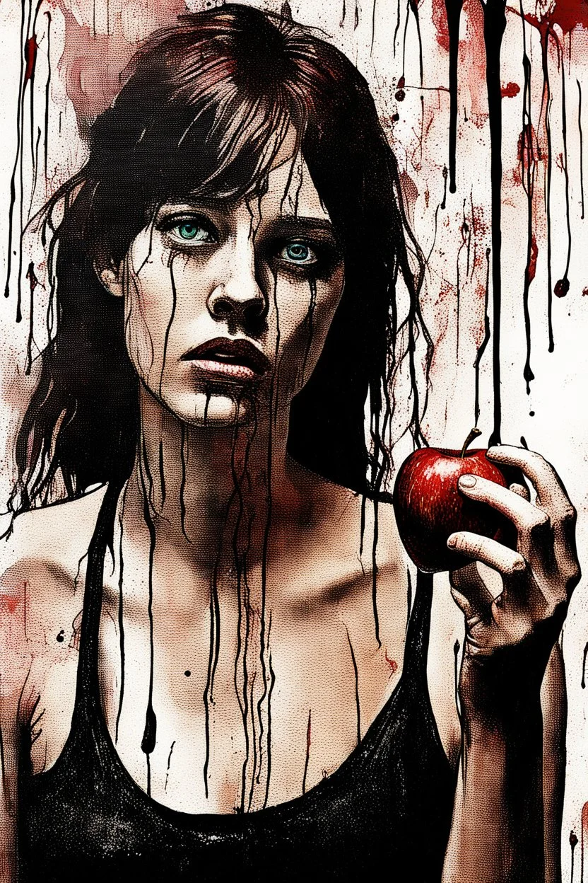 A surreal grunge, messy, drip and scratched painting style, eve is holding a rotten apple - not amused, Adam in background,ironic, surreal, abstract and striking