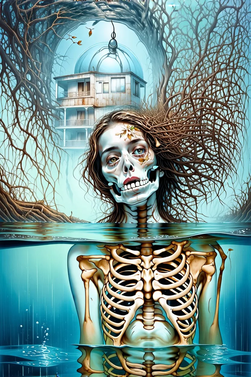 surrealistic painting depicts a woman submerged in water, with only her face visible above the surface. Her hair is dark brown with blonde highlights, and her eyes are a warm brown. Below the waterline, her torso is replaced by a skeletal ribcage entwined with translucent, organic root-like structures and dried leaves, revealing the internal decay beneath the skin. The upper part of the painting features a dilapidated, light-colored building with multiple levels and a dome, seemingly floating on