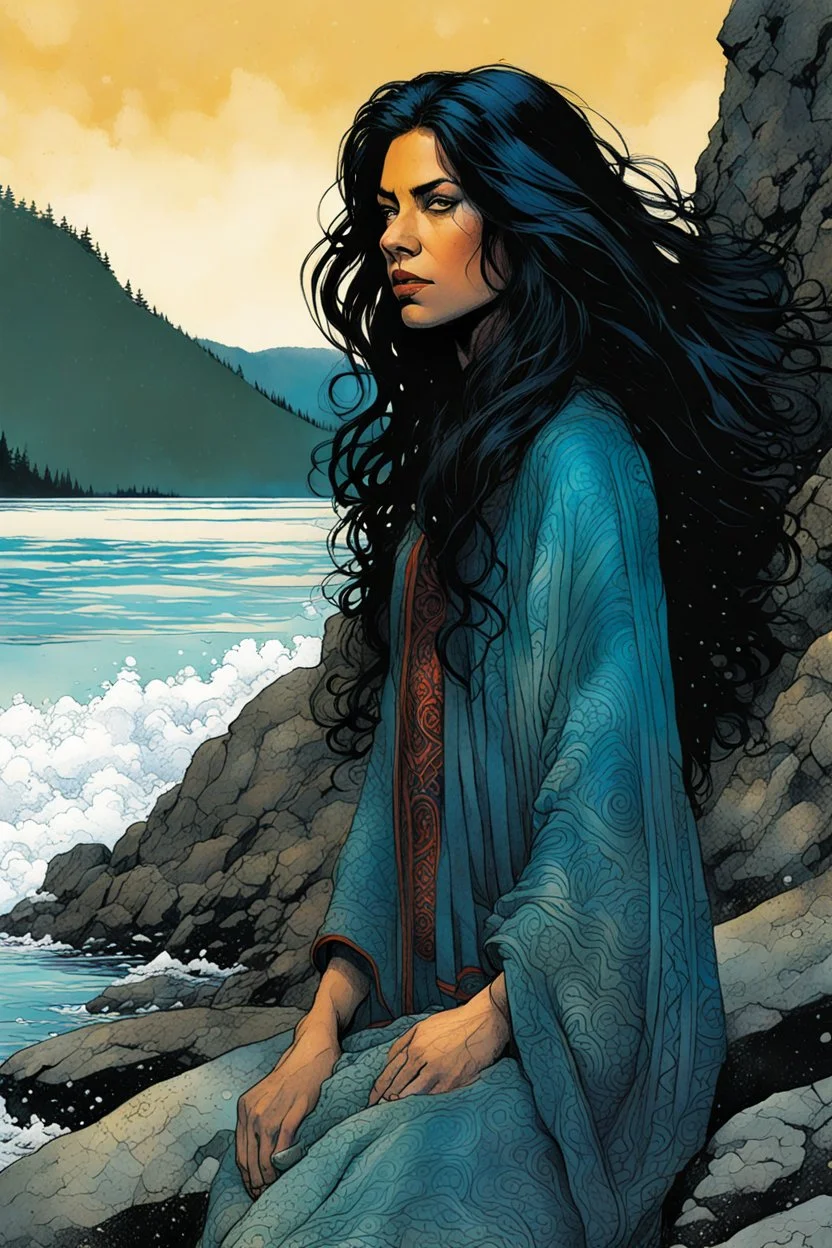 create a closeup full body print illustration of a raven haired female Salish shaman with finely detailed hair and feminine facial features, along the rocky shore of Vancouver Island , in the comic book art style of Bill Sienkiewicz, Mike Mignola, Sparth, Maxfield Parrish, and Jean Giraud Moebius, finely textured, drawn, colored, and inked, suffused with dramatic natural light, chiaroscuro