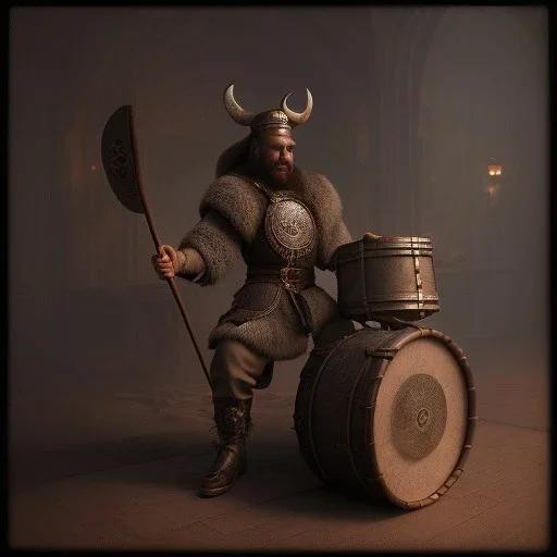 A viking playing on a drum, scary, steam punk, realistic, made in octane, cinematic, ultra-realistic, extremely detailed octane rendering, 8K, VRAY Super Real ar 2:3, dof photorealistic futuristic 50mm lens hard lighting dark gray tintype photograph, realistic lighting, sepia color