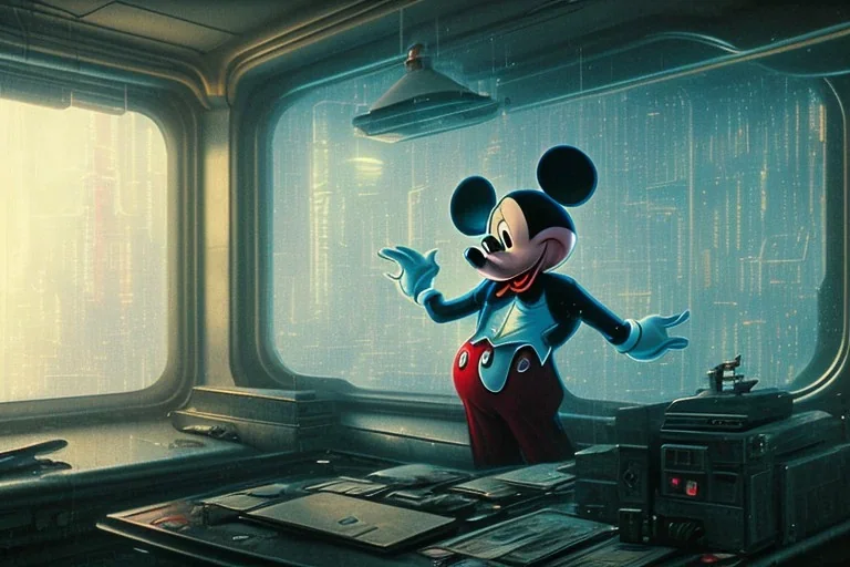 Mickey Mouse looking out a window in Blade Runner appartment