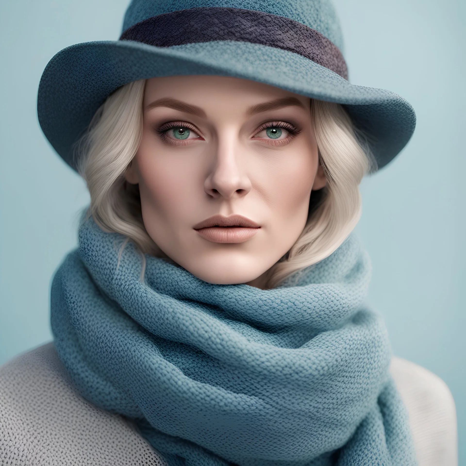 a close up of a person wearing a hat and scarf, lee griggs, hot reptile humanoid woman, painterly illustration, real-life skin, intarsia, fish skin, a full portrait of nordic female, highly detailed clothing, tattooed skin, made of wool