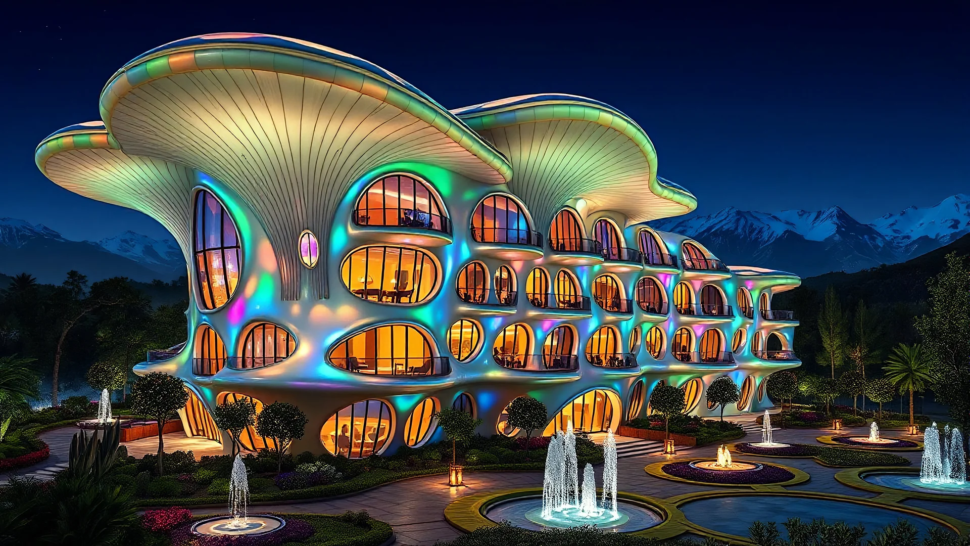 Comical organic futuristic fantasy building at night, inspired by the varied shapes of fungi. Iridescent walls made of shimmering, innovative semi-transparent opalescent materials. The happy building has large, curved, intriguing elongated windows, many curved balconies. The building is surrounded by gardens and fountains. Snow-capped mountains on the horizon. Award-winning photograph, beautiful composition, joyful vibe, wonderful excitement