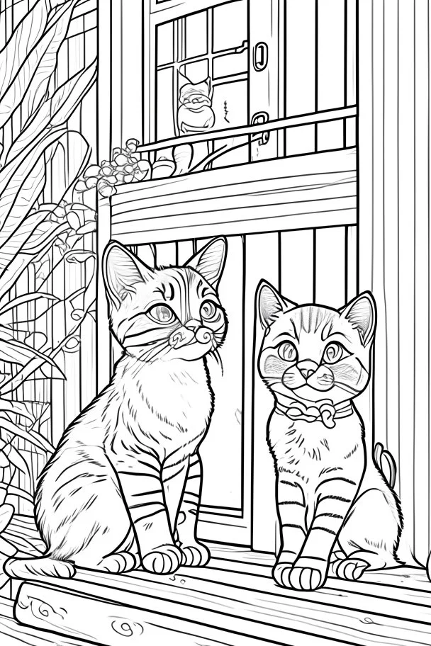 coloring page for kids, Cats on the porch, cartoon style, thick lines, low detail, no shading