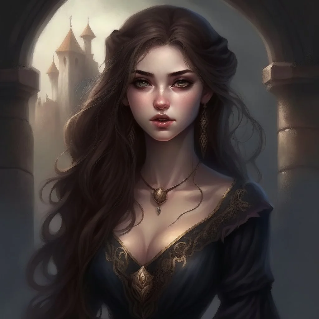 pretty girl, young, brown hair, conventionally attractive, tight top, curvy, fit, necromancer, sorcerer