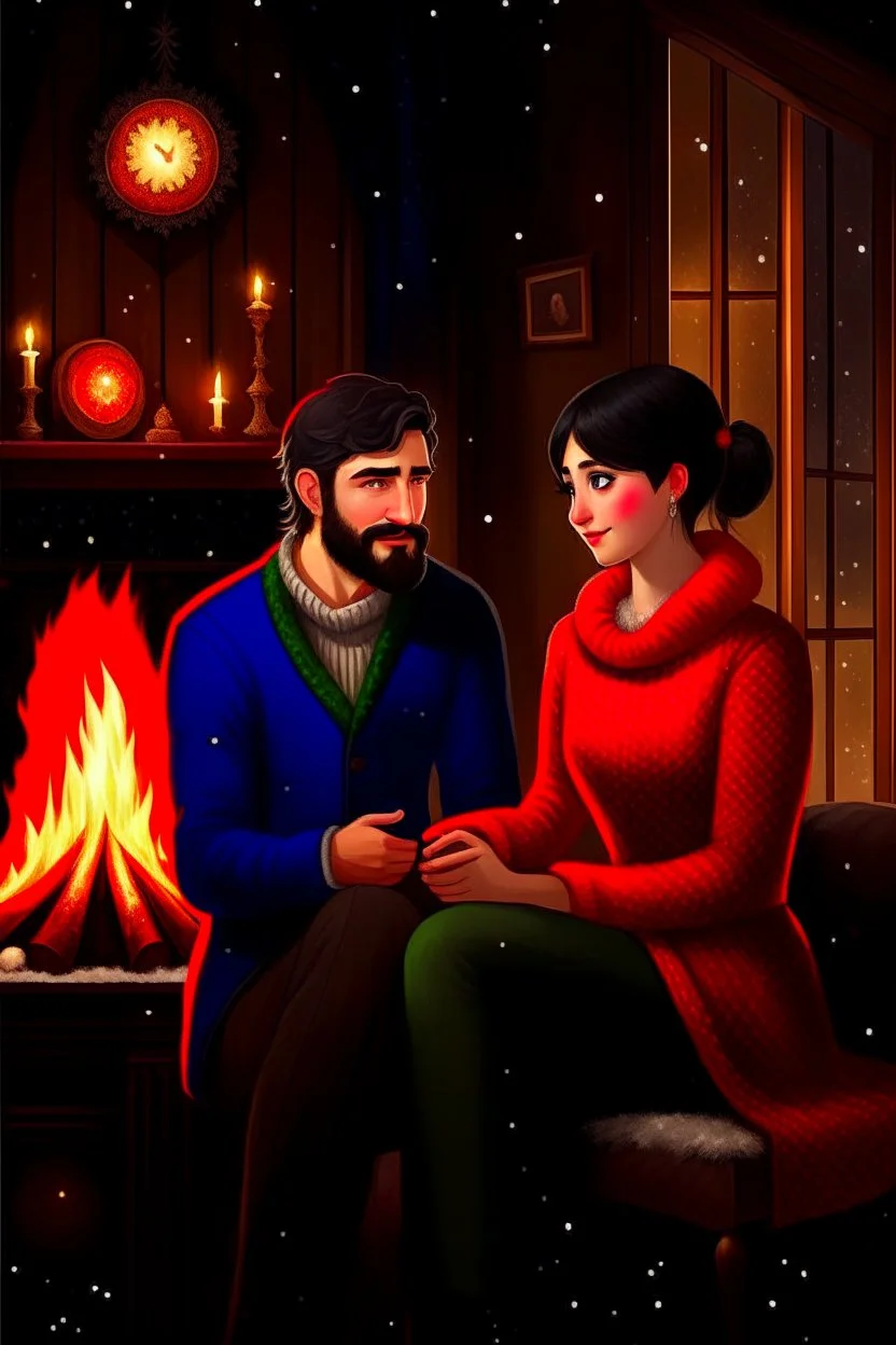 Fire place Christmas scene, dark haired couple, man with short black beard, blue eyes, young couple, graphic