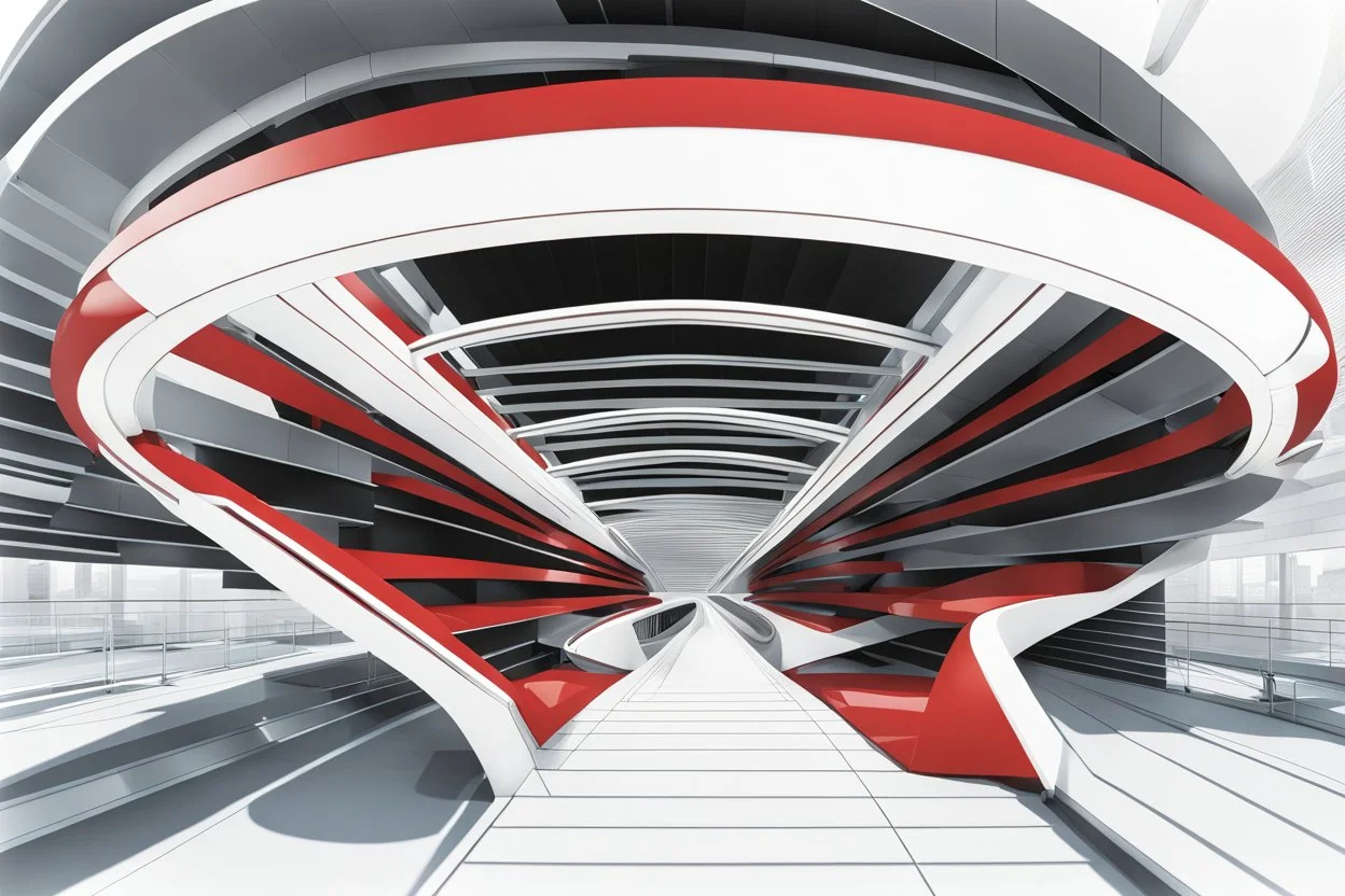 Architectural drawing of a futuristic pedestrian bridge, from above white, red and black colors