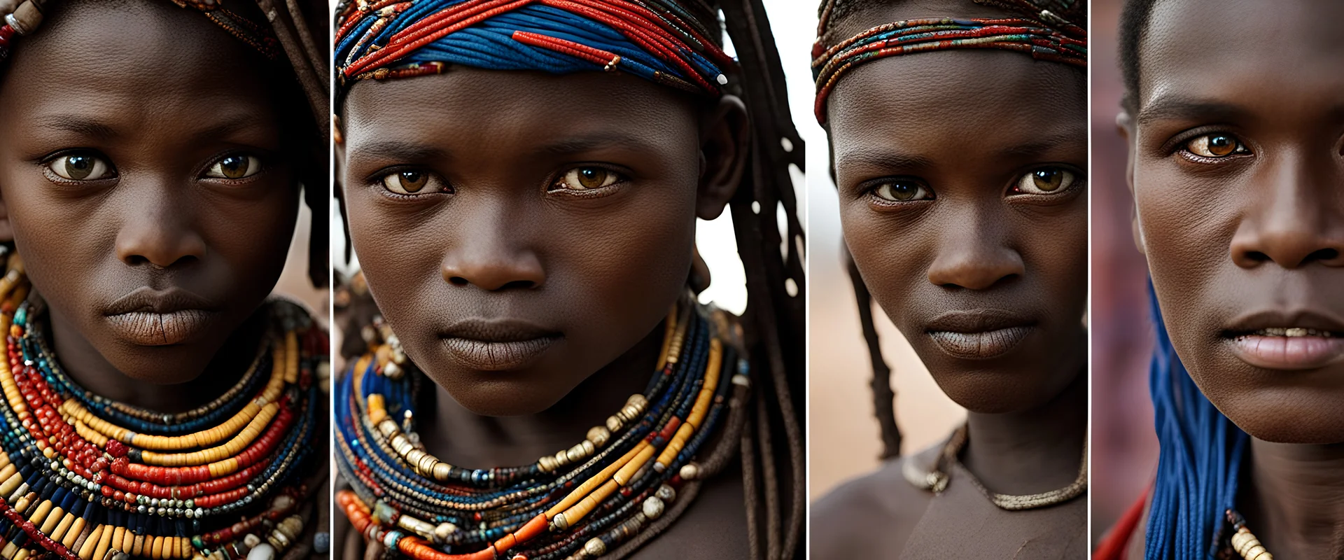 Extreme closeups of Wolof people. Their eyes glow with gemstone colors and reflect Cobalt Infinity, –v6