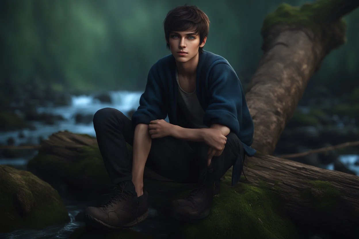 17 year old male with short dark hair and blue eyes sitting on a log , photorealistic, 4k, dark fantasy