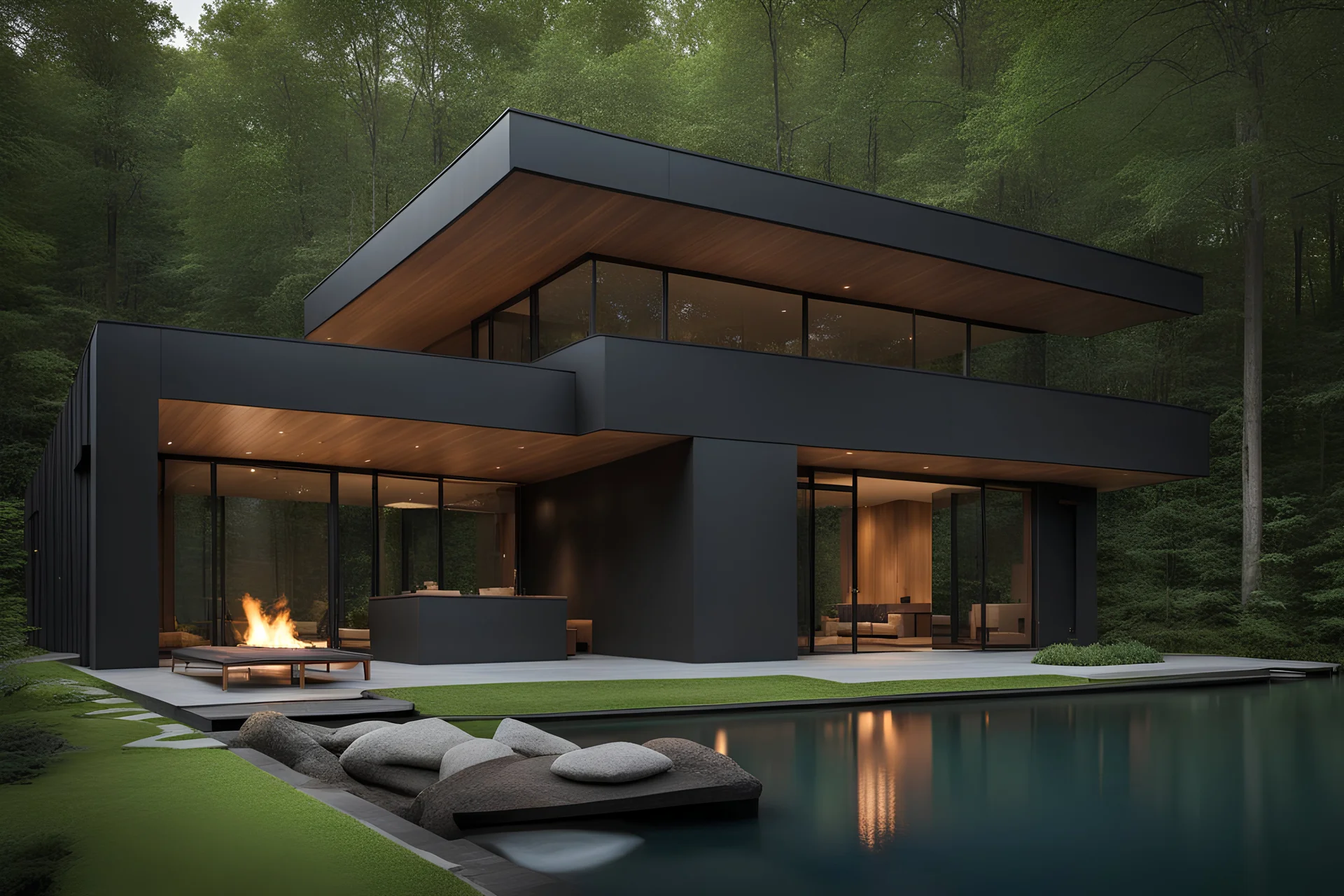 modern black home in forest architecture photography highly detailed