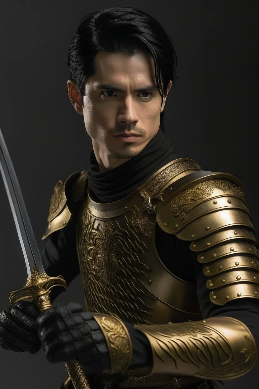 A handsome 30 year old man, black hair, male bob haircut, in black-and-gold plate armor, golden katana in both hands, no beard, european