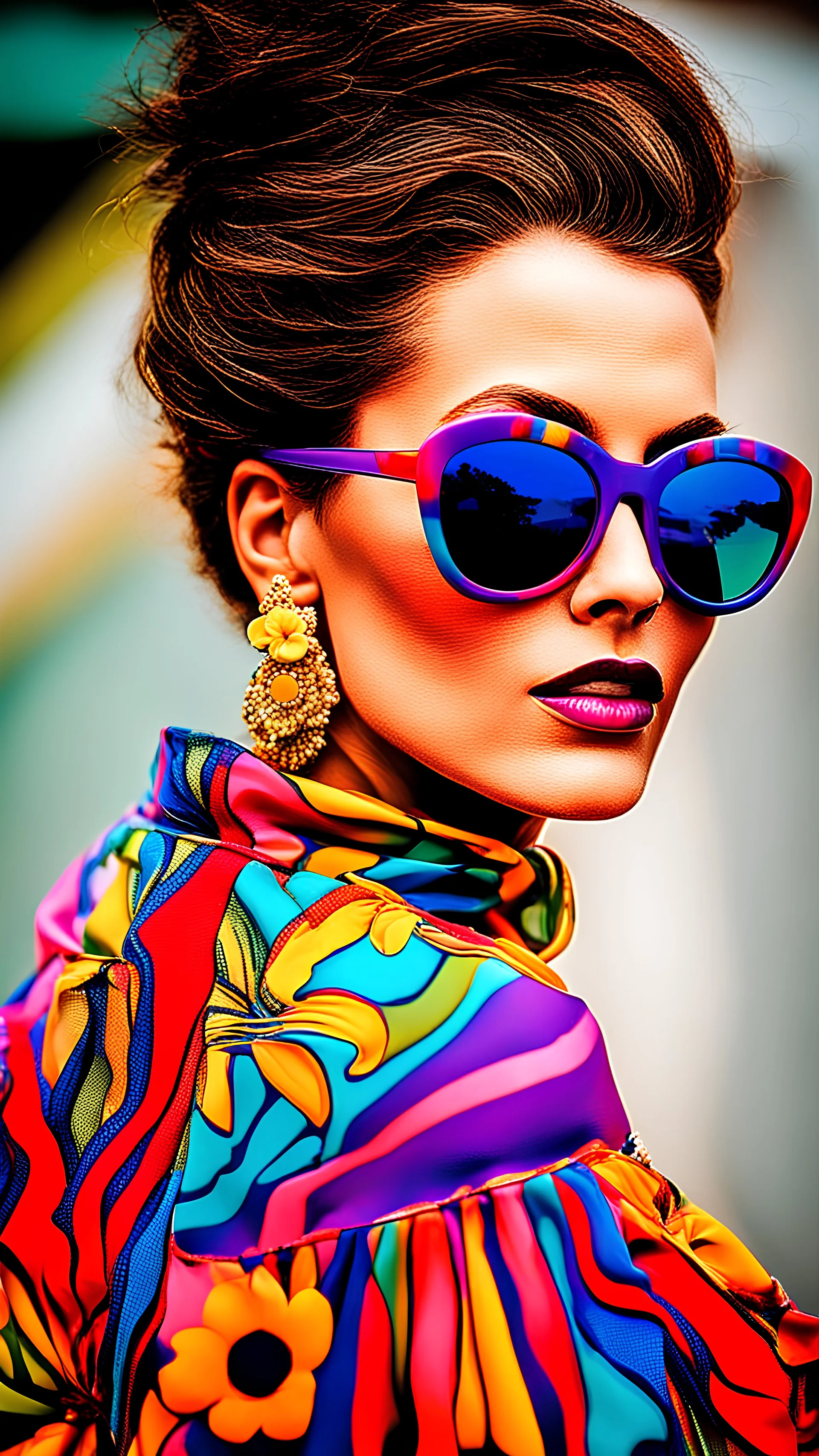 a close up of a woman with sunglasses and a colorful dress, colorful fashion, colourfull, colorfull, pop and vibrant colors, extremely colorful, very vibrant colors, colorful!!!, evil. vibrant colors. cute, very colorful, fashion photography, very colourful, bold psychedelic colors, super colorful, floral couture, colorful photo, highly colorful, colorfully, beautiful vibrant colors