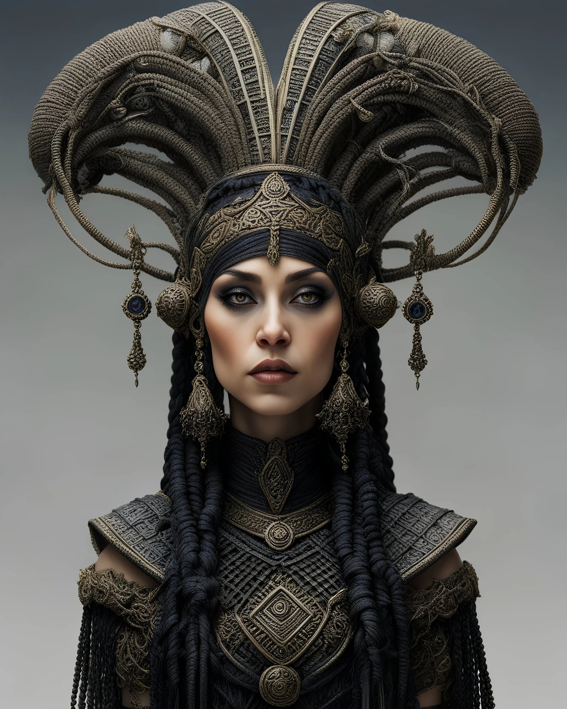 tabletop role-playing miniature of a female noble in the style of giger beksinski phillipe druilett enki bilal alan lee, wearing minoan macrame clothes. full body. concept art hyperrealism