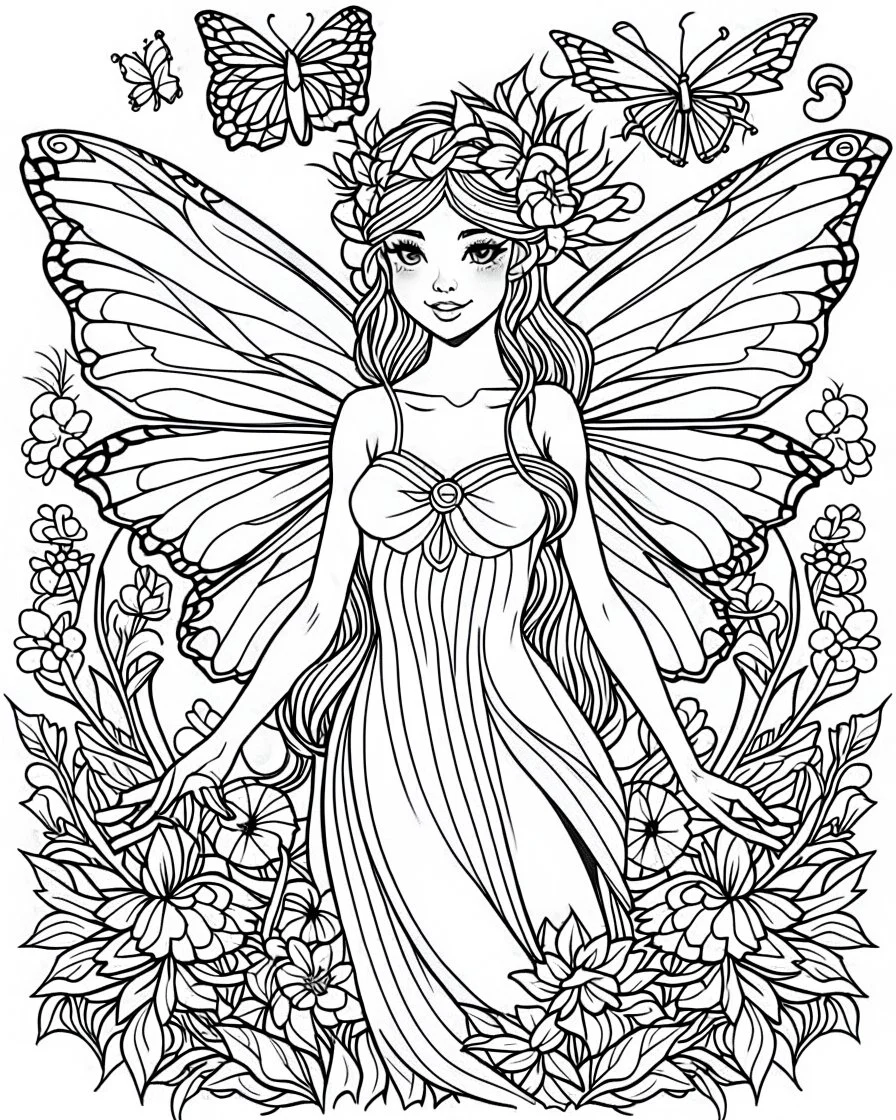 The fairy coloring page cartoon is simple, with bold precise clear lines, no color, white background.