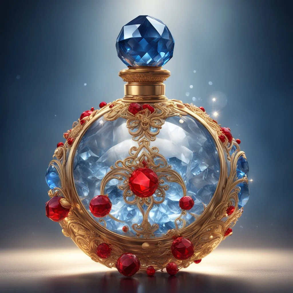 Golden round perfume bottle with a blue crystal cap and small red decorations. Illustrative art, art interpretation, concept art, cgsociety contest winner, seasonal art, seasonal art HD, 4k, 8k, intricate, detailed, intricately detailed, luminous, translucent fantasy crystal, holographic data, soft body, shadow play, light, fog, atmospheric, cinematic, light film, hyper-detailed, hyper-realistic, masterpiece, atmospheric, high resolution, 8k, HDR, 500px, mysterious and artistic digital art, phot