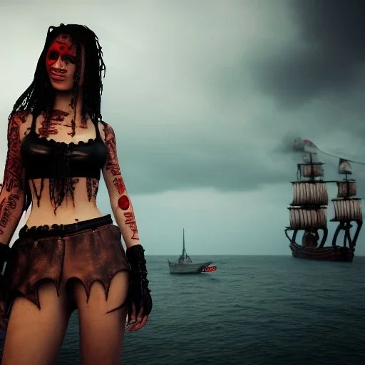 illustrator, hyper realistic, young spanish pirate girl, wet hair.lips red smiling. tatoos on neck. dressed in leather and carved bra. Many pirate ships in background. black flags. high details, thunderstorm. 4k, unreal engine, misty, tintoretto, model