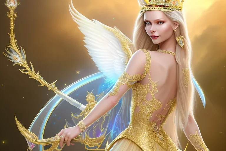 beautiful, very soft, smiling, very straight and long blonde hair, dewy and shiny vibe, diamond crown, long fairy wings in the back, full head, golden veil clothes, smiling, bachground lights pink and blue