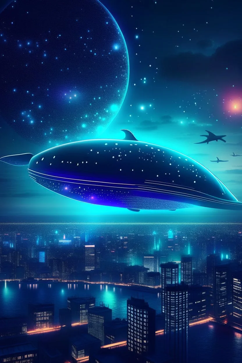 The city of the future is on the back of a decorated celestial whale swimming in space full of stars, planets, and the otherworldly world.