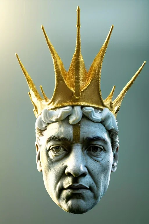 Ultra Realistic image, classic sculpture, white marble material, Maradona, gold crown of natural thorns, god crown, gold veins, gold ornaments, sun rays background, waist up portrait, epic, celestial, cinematic lighting, God lights, 4k resolution, smooth details, soft lighting, unreal engine 5, art station, substance 3d.