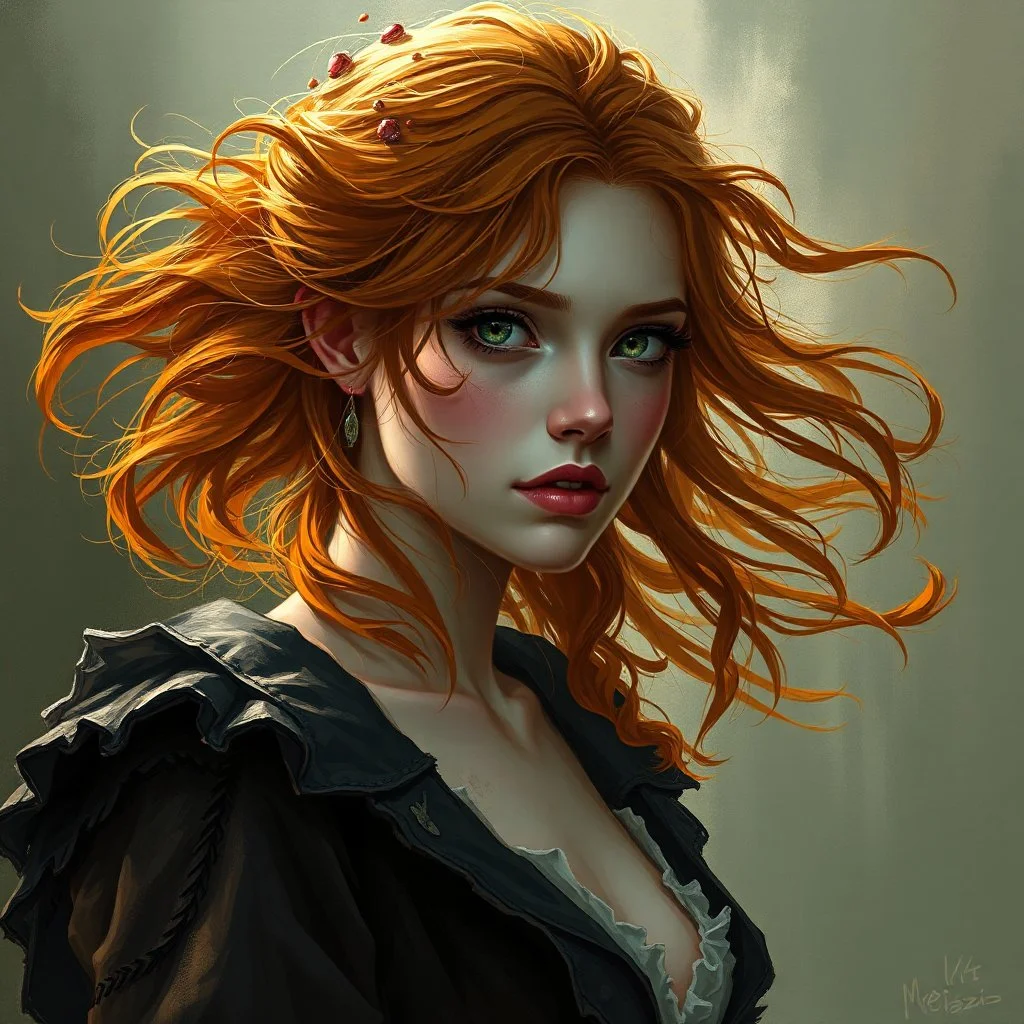 a pretty fantasy woman, loose ginger hair, young, plotting, dark fantasy art