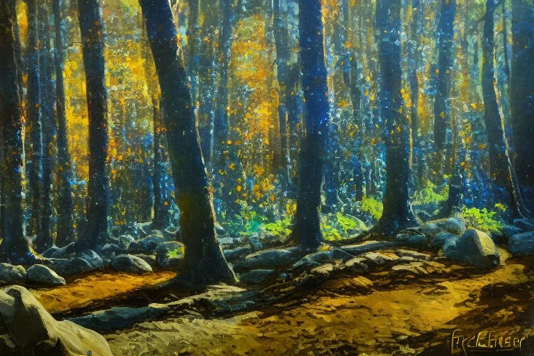 Rocks, trees, 2000's sci-fi movies influence, friedrick eckenfelder impressionism painting