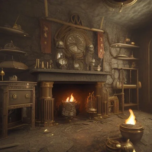 an viking fire place in old house, scary, steam punk, realistic, made in octane, cinematic, ultra-realistic, extremely detailed octane rendering, 8K, VRAY Super Real ar 2:3, dof photorealistic futuristic 50mm lens hard lighting dark gray tintype photograph, realistic lighting, sepia color