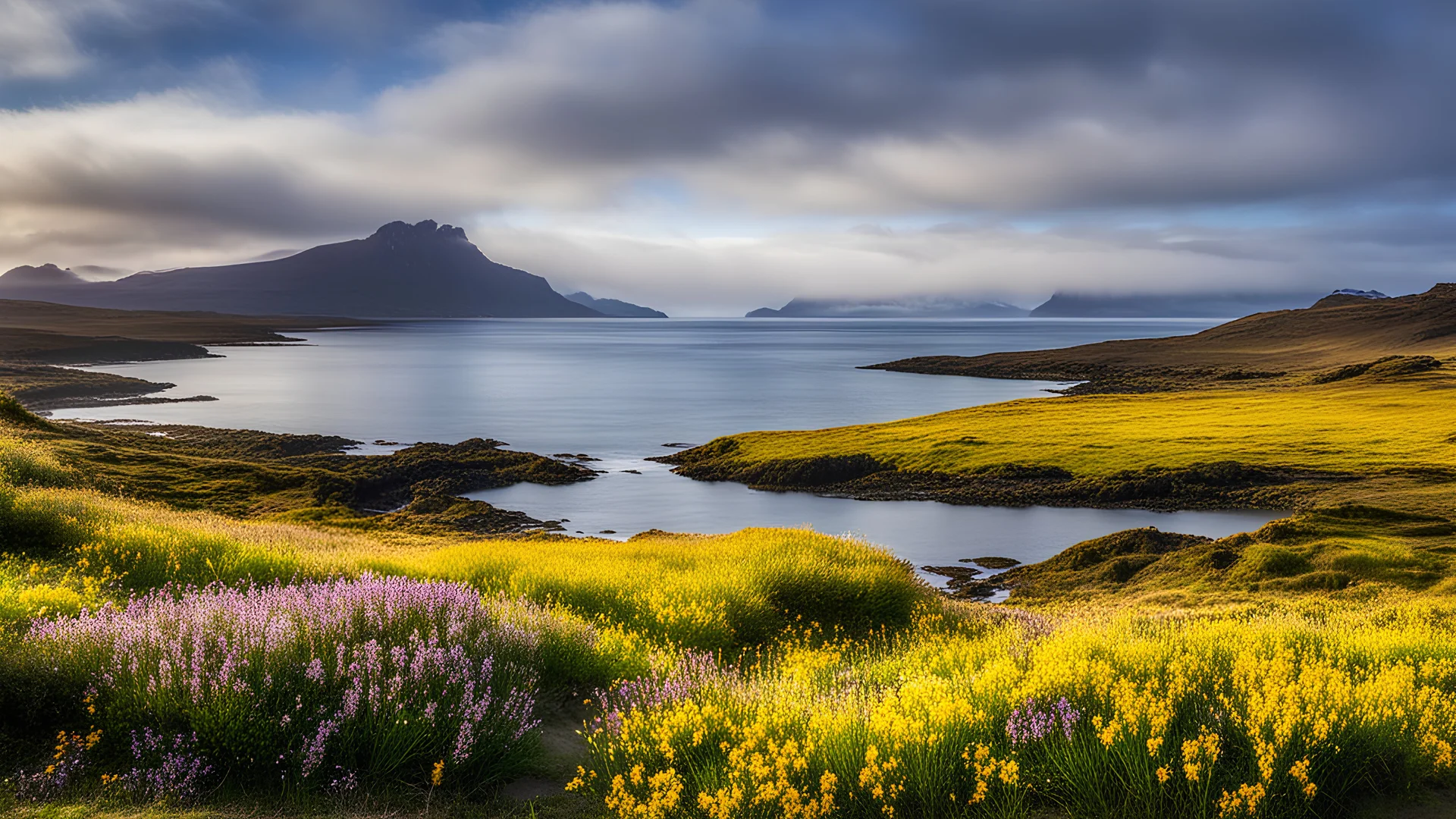 2117. View on the Scottish island of Eigg, with beautiful sky, early morning spring sunshine, heather, gorse, traditional croft, coast, sandy beach, sea, island of Rhum, craggy mountains, basalt, beautiful composition, exquisite detail, 80mm lens, lucid colour, clear air, islands, foreshore