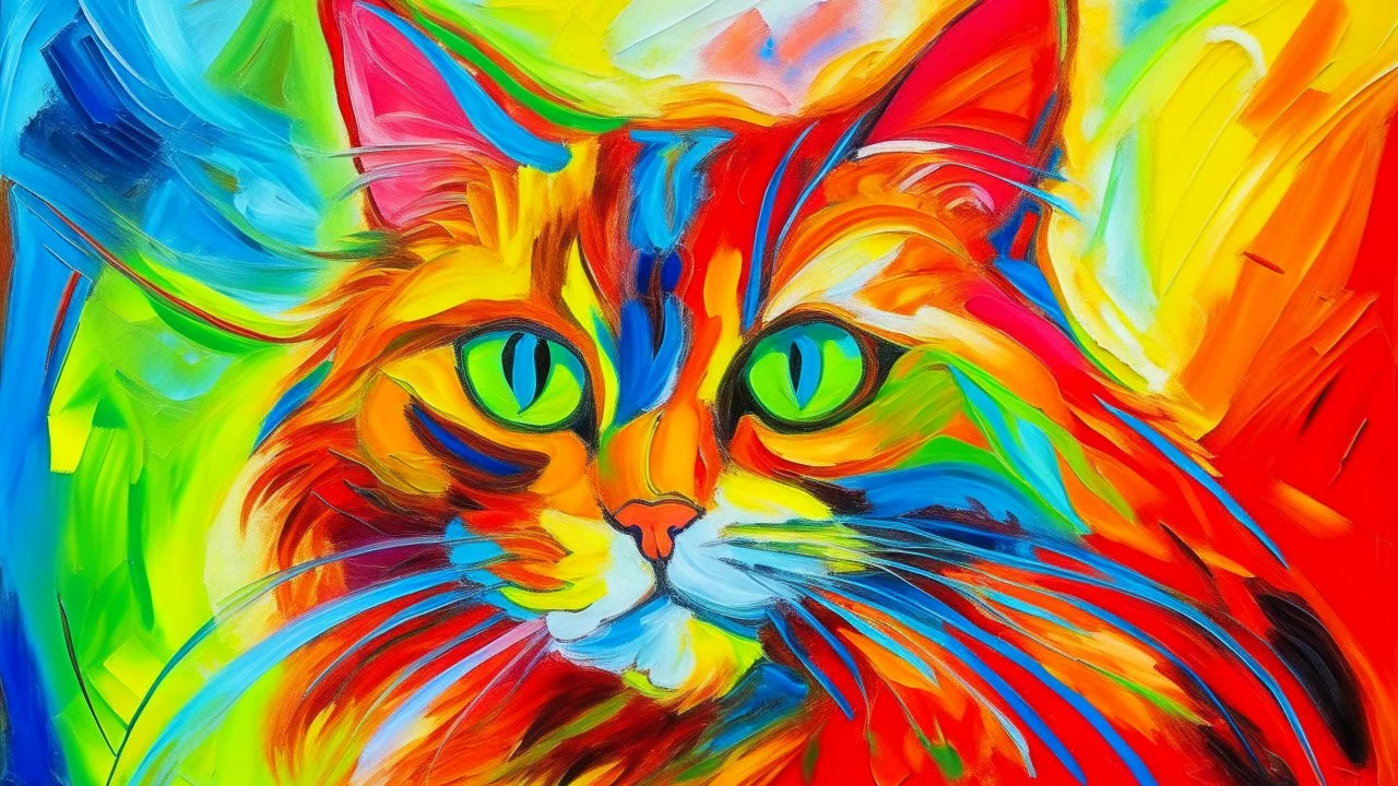 abstract portrait painting with blurred and incomprehensible details, large strokes of bright colors, an orange sun with the a cat eyes , and hair sticking out in different directions, in the bright rays of the sun