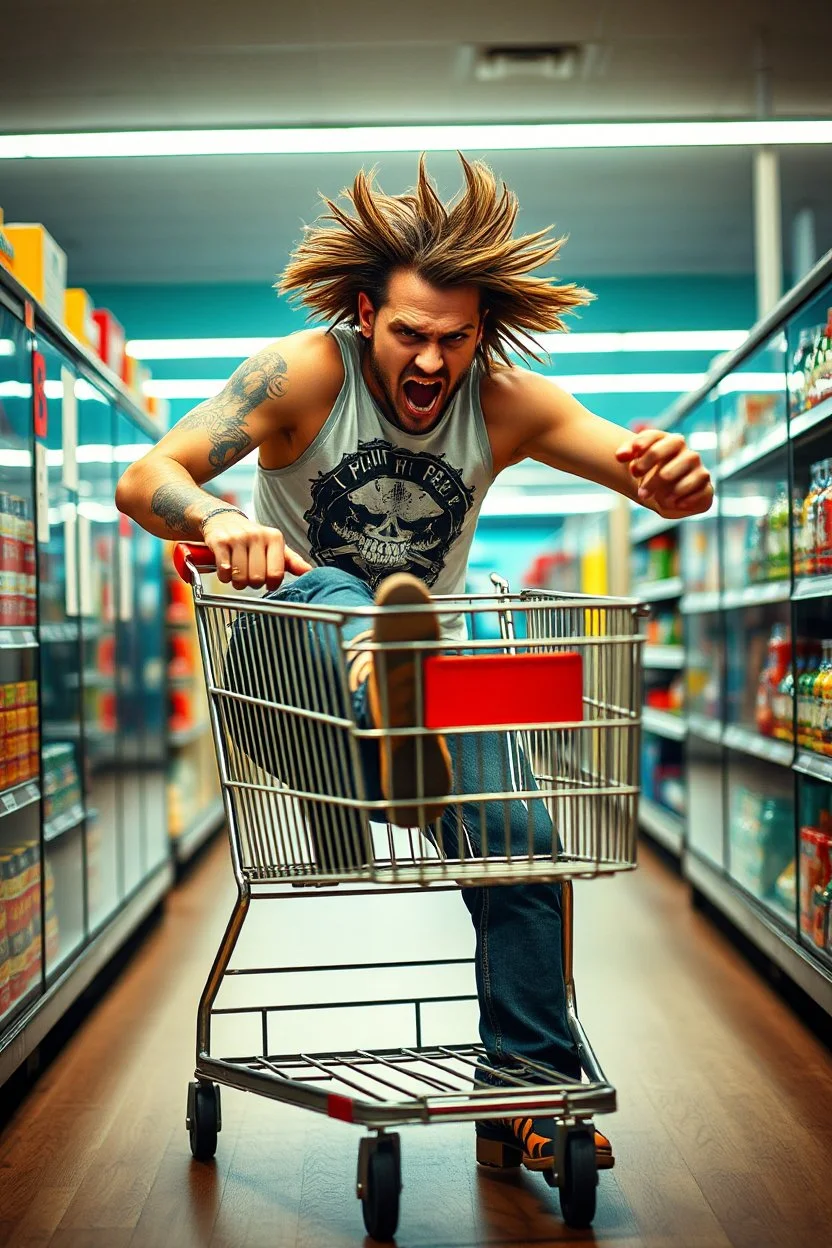 A very angry and bitter punk rocker kicking a shopping cart in a store