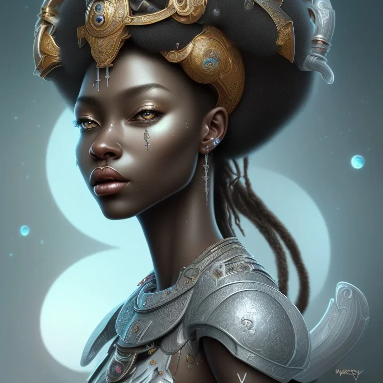 sango fantasy, fantasy magic, intricate, sharp focus, illustration, highly detailed, digital painting, concept art, matte, masterpiece head sexy view black African beauty black afro hair space lady silver sheepskin African princess God