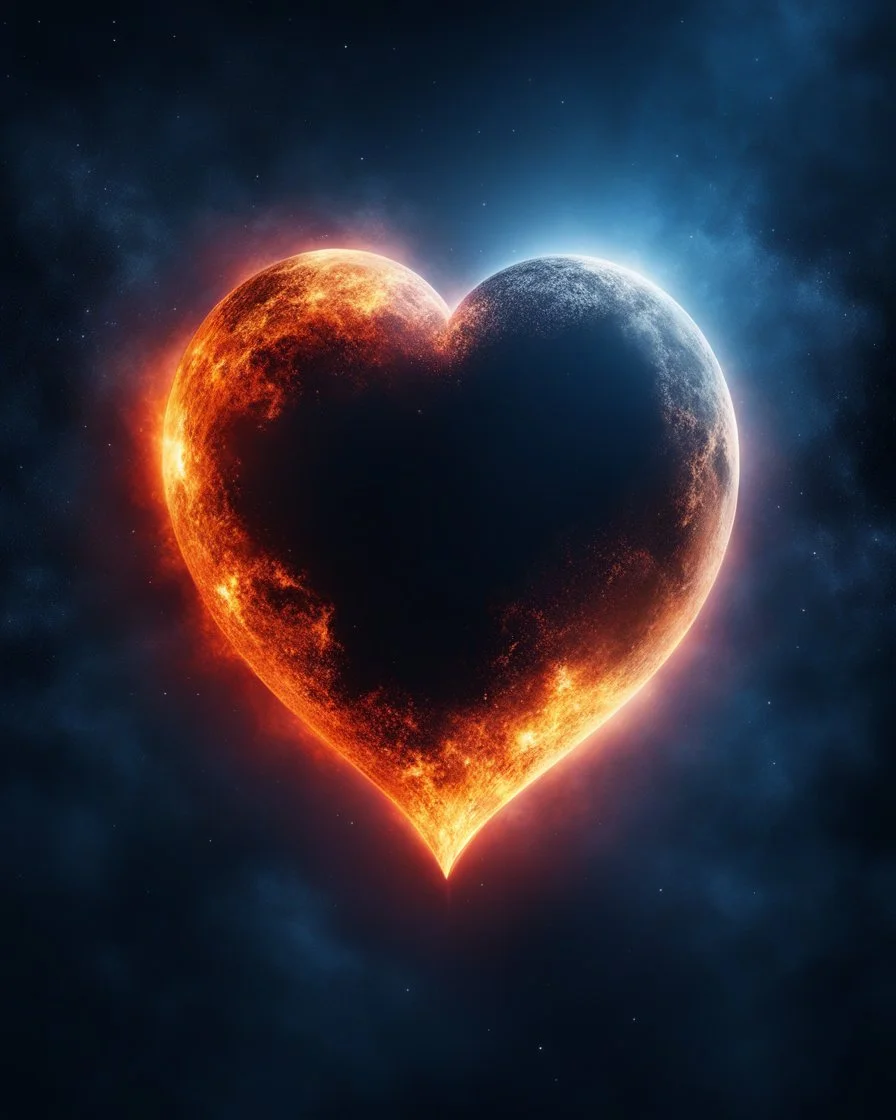 Moon in shape of realisitic heart, biological heart, cinematic, {abstract}, depression, space background, atmospheric, fire, DLSR, soft focus, dispersion