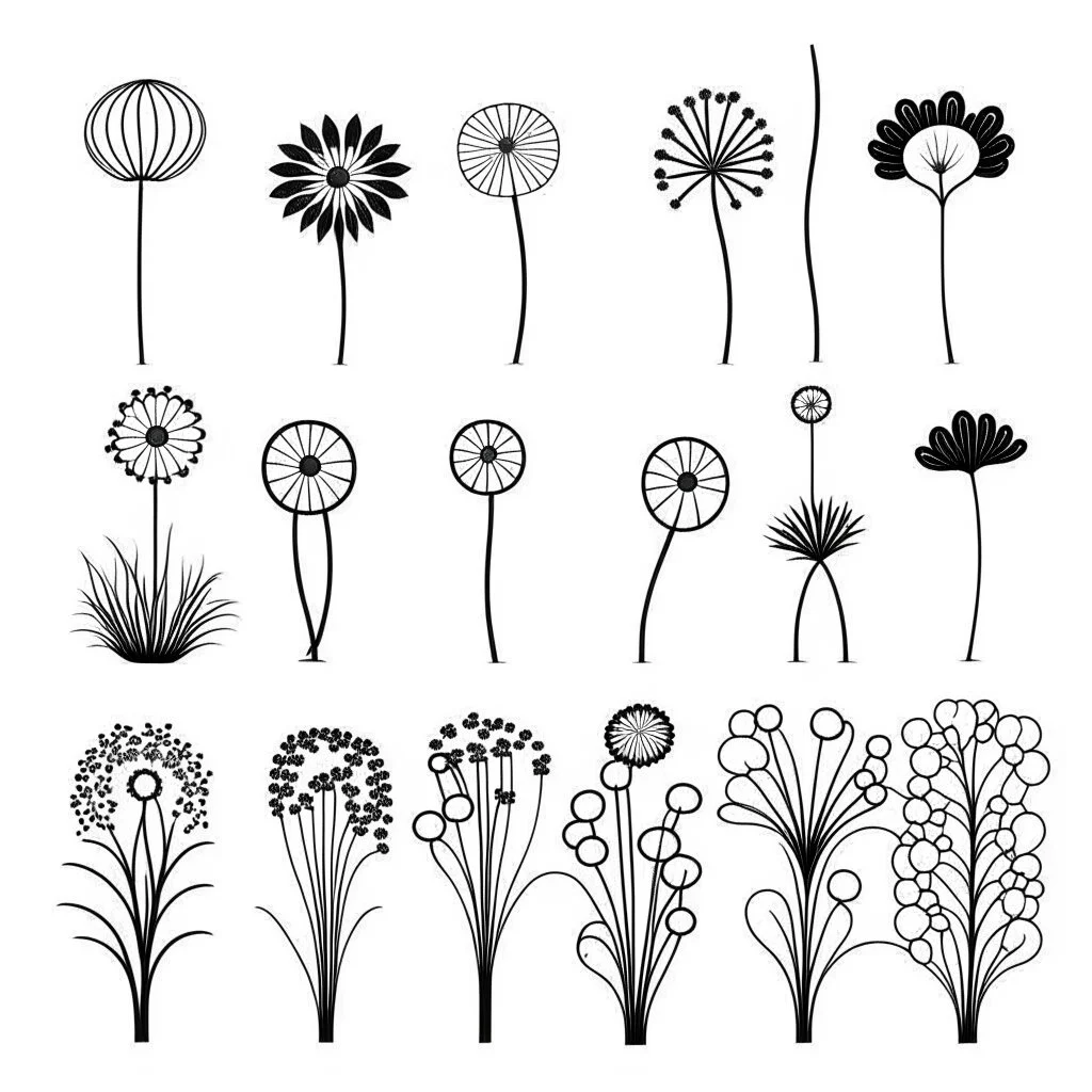 set of grow wind flowers on the grace silhoutte, SIMPLE ONE lineS art, white background, minimalis, different view, only white bakcground solid.