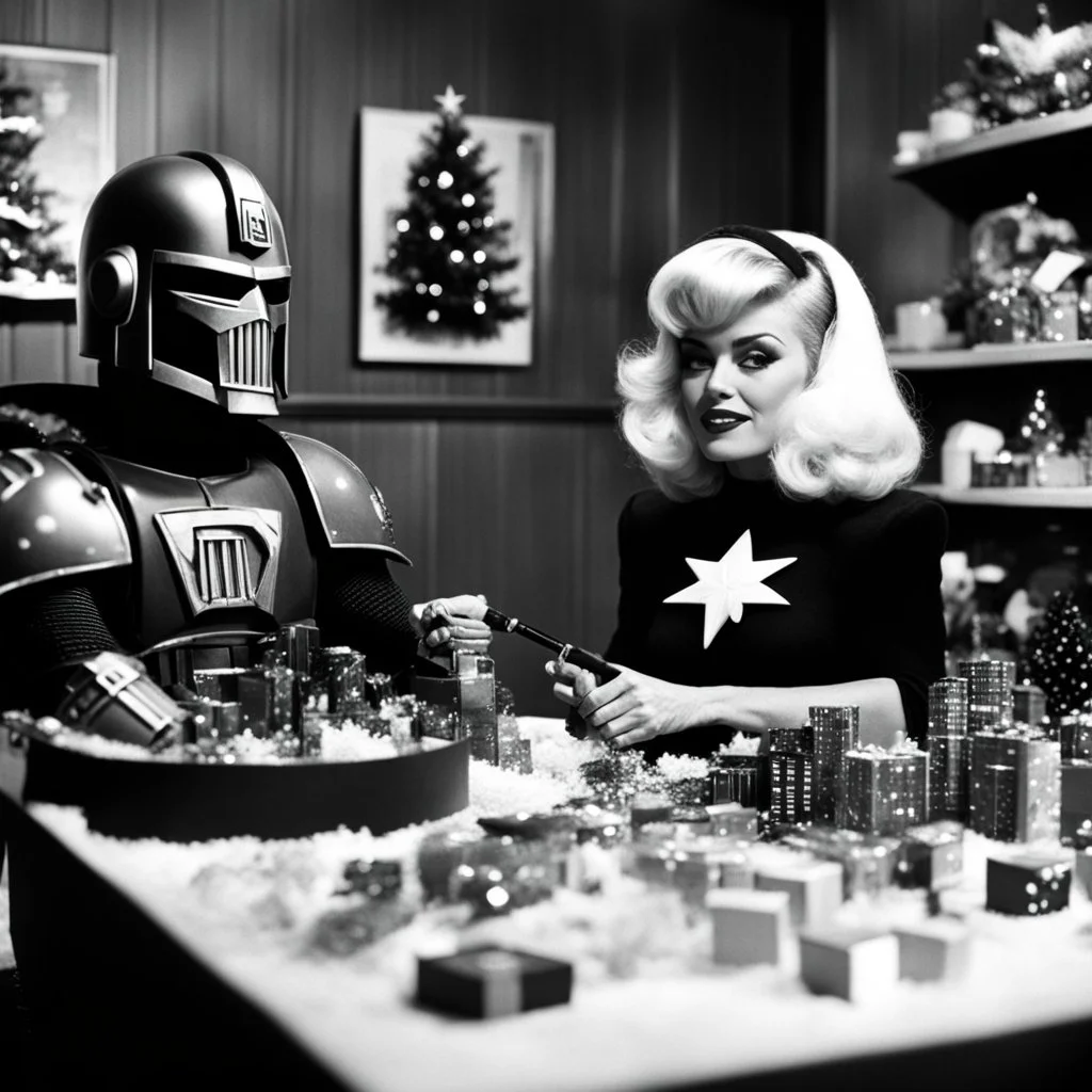 judge dredd and marylin preparing Christmas, 1960’s stop-motion animation style