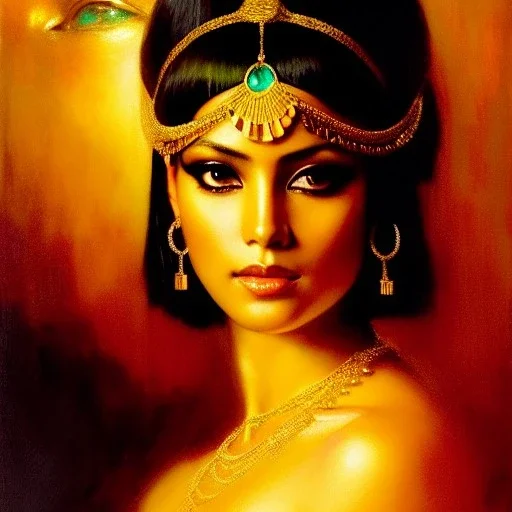 Drawing of beautiful face,busty 'cleopatra',sweet stare,throne,hieroglyphics,balanciaga fashion clothe painting by gaston bussiere, greg rutkowski, yoji shinkawa, yoshitaka amano, tsutomu nihei, donato giancola, tim hildebrandt, oil on canvas, cinematic composition, extreme detail,fit full head inside picture,16k