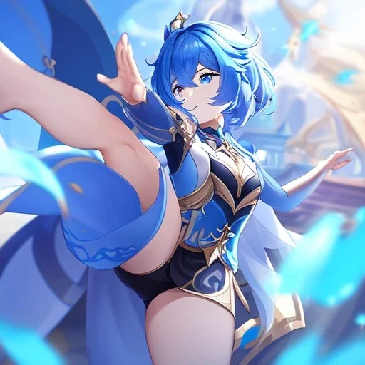 Clear focus,High resolution, Vibrant short blue hair, Vibrant blue eyes, Genshin impact inspired outfit, wearing a short skirt, kicking pose