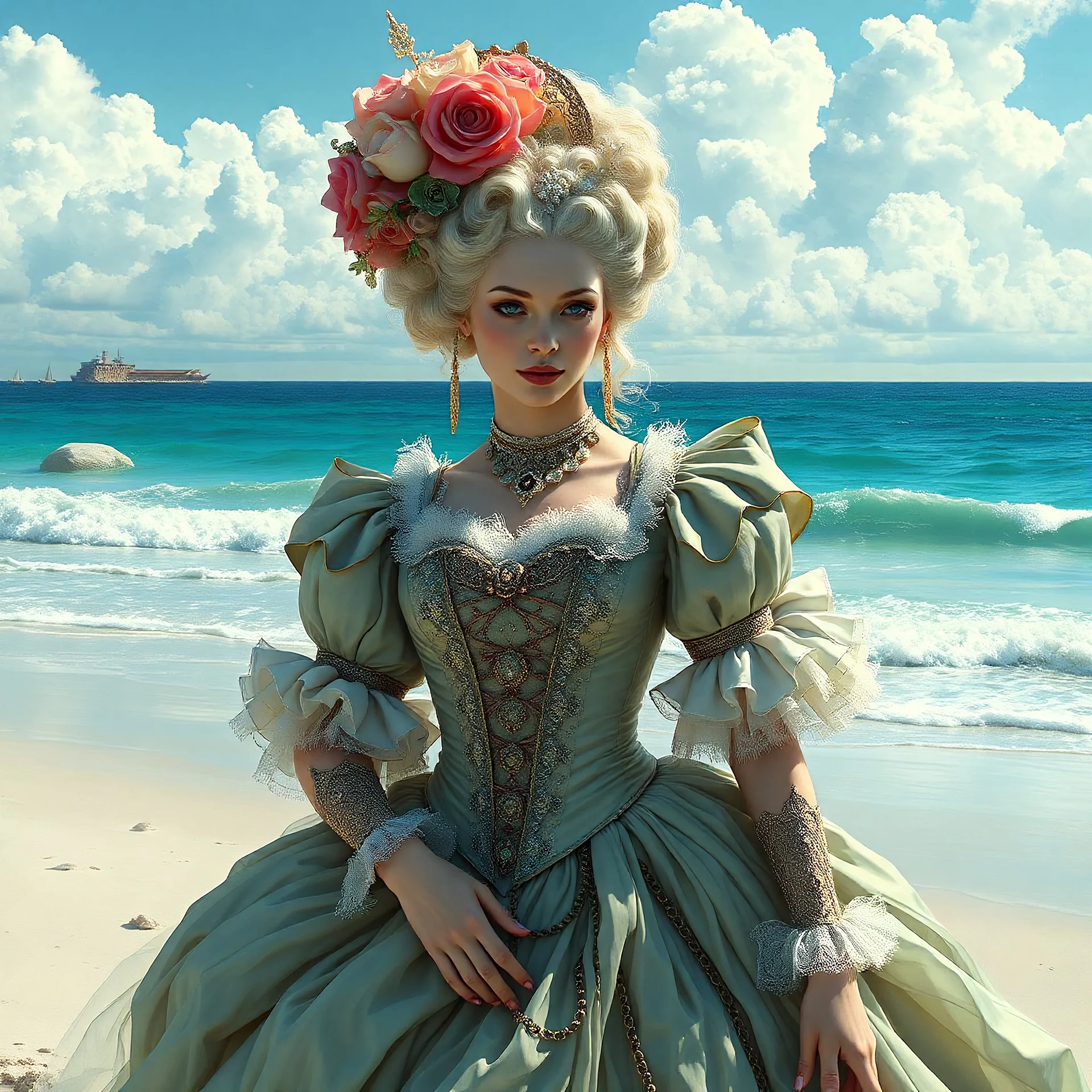 Marie Antoinette in fantasy realism style, on the beach