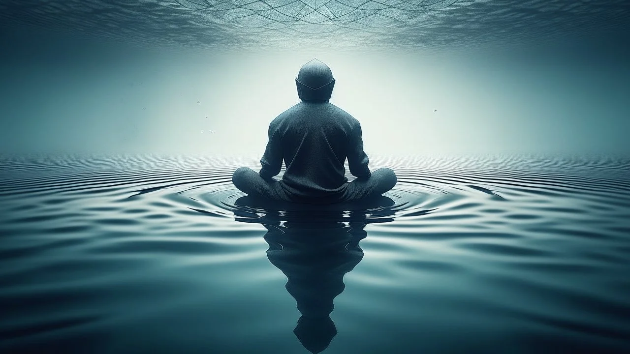 Generate a geometric photography of a character meditating under the water. Add a subtle grain texture for depth. Emphasize simplicity and tranquility, capturing the transformative essence of meditation.