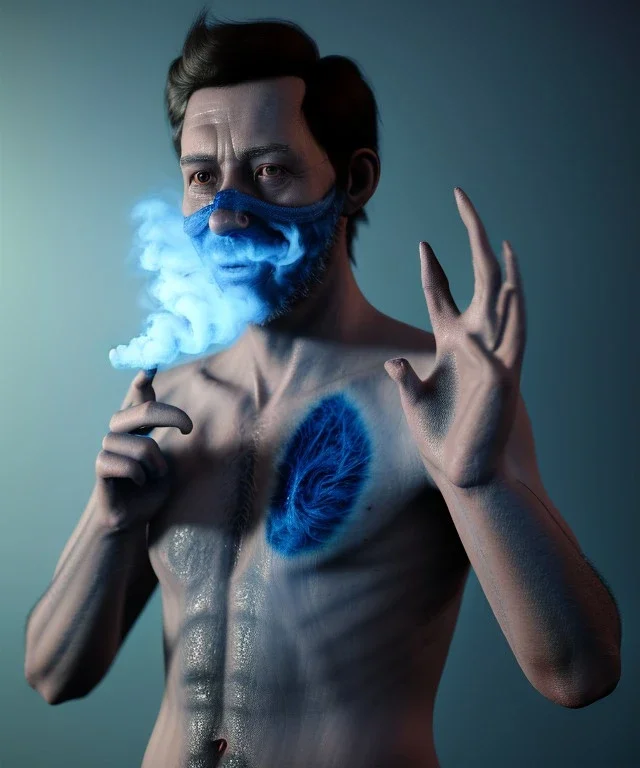 Realistic image, a guy making the fuck you gesture with his hand, blue smoke coming out of his eyes, nose and mouth. soft color, highly detailed, unreal engine 5, ray tracing, RTX, lumen lighting, ultra detail, volumetric lighting, 3d, finely drawn, high definition, high resolution.