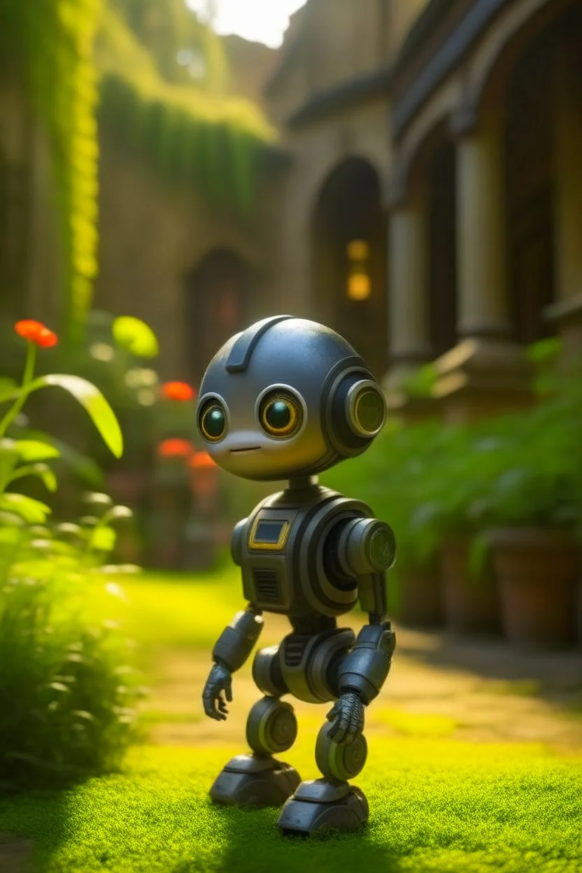 adorable cute chat priest robot with short punk hair and real human reflective eyes, in garden of st. Barbara cathedral, its such a perfect day, motion blur, smoke, 8k, downlight, soft light, depth of field, photorealism, trending on art station, lotsa detail