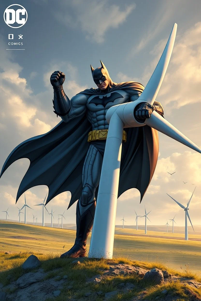 dc comics cover, giant batman holding an entire wind turbine, wind farm in the background, very high quality, highly detailed, 4k