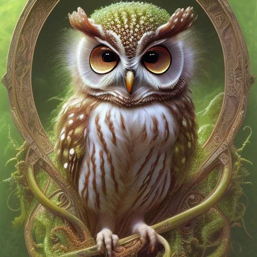 beautiful subsymmetrical elaborate fiddlehead-fern-owl, Brian Froud, Howard Lyon, Anna Dittman, Anne Stokes, Selina French, Greg Rutowski