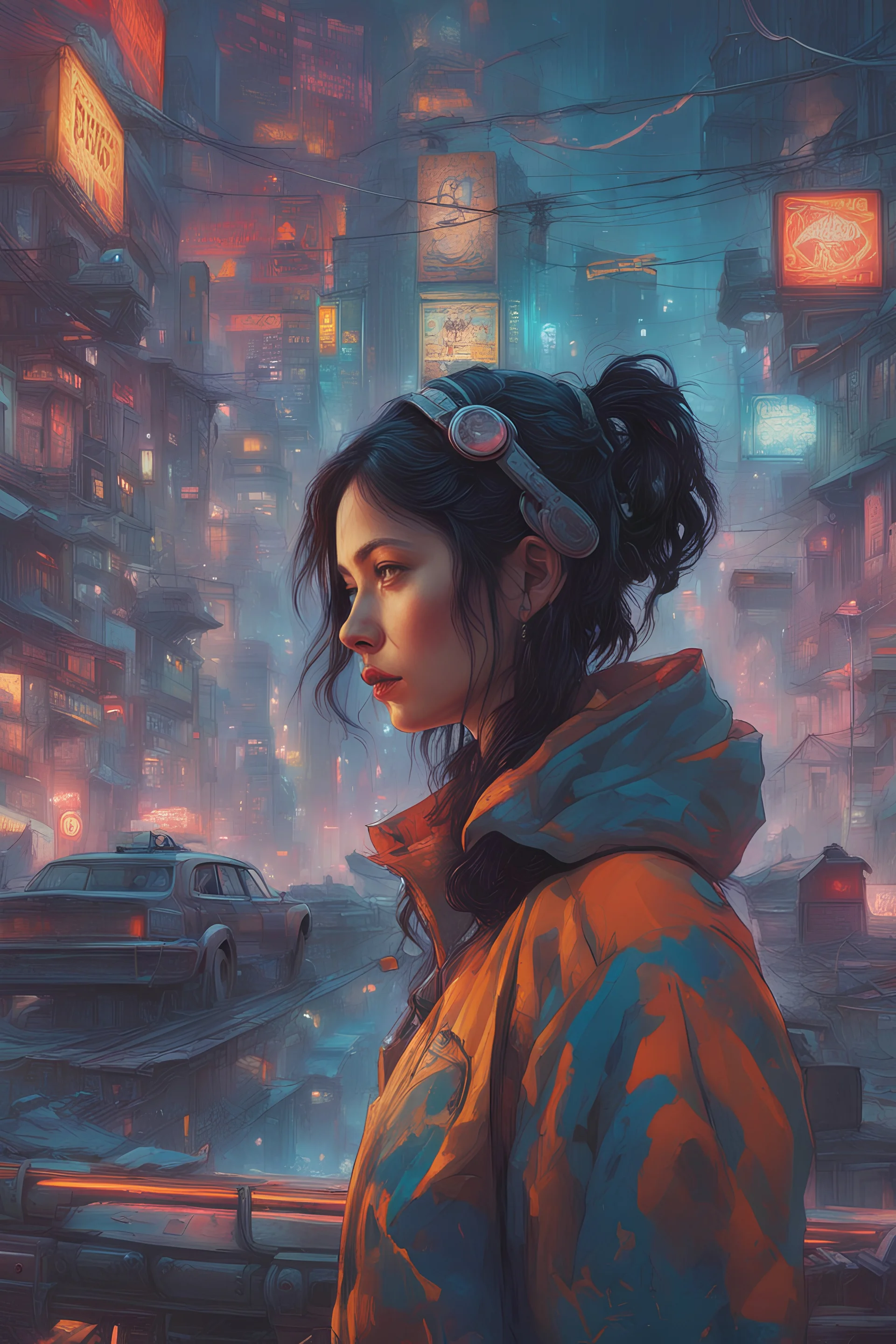 psychedelic Genius girl thinking deep thoughts cyberpunk city, hyperdetailed and highly intricate digital illustration, by Ismail Inceoglu, Gazelli, james jean, Anton Fadeev and Yoshitaka Amano, trending on artstation, vibrant colors, Black ink flow: 8k resolution photorealistic masterpiece: by Aaron Horkey and Jeremy Mann: intricately detailed fluid gouache painting, Oil splash!! Oil stained