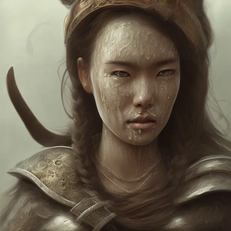 foto do rosto molhado, muito detalhado de uma mulher maravilhosa japonesa, vestindo viking