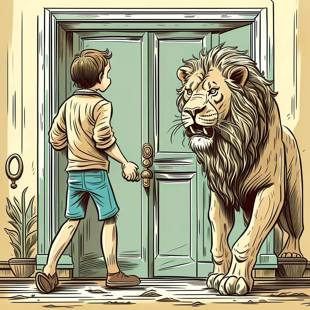 A young man enters a door and from the other side comes a lion