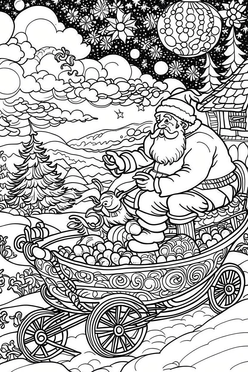 Christmas coloring page with Illustrate Santa Claus in his sleigh, filled with gifts, flying across a starry night sky., a bold ink line sketch drawing illustration.