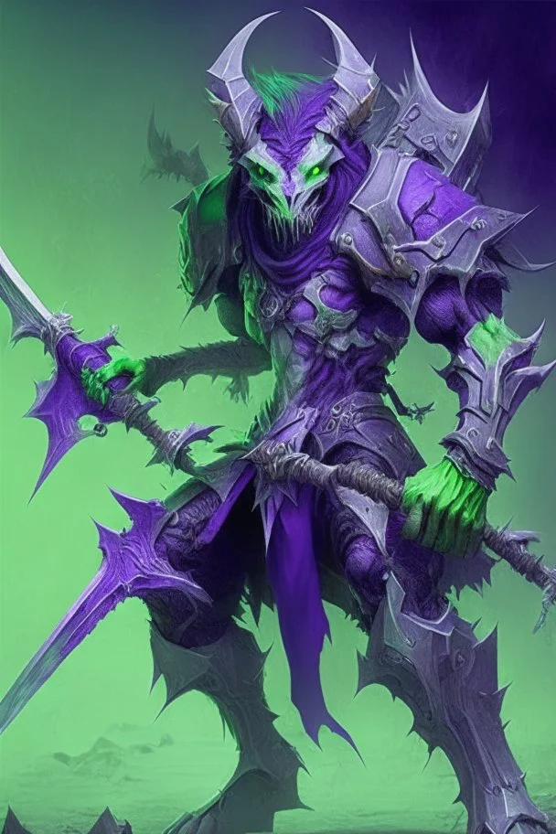 Demonio con armadura verde y morada y melena blanca del futuro con una Guadaña