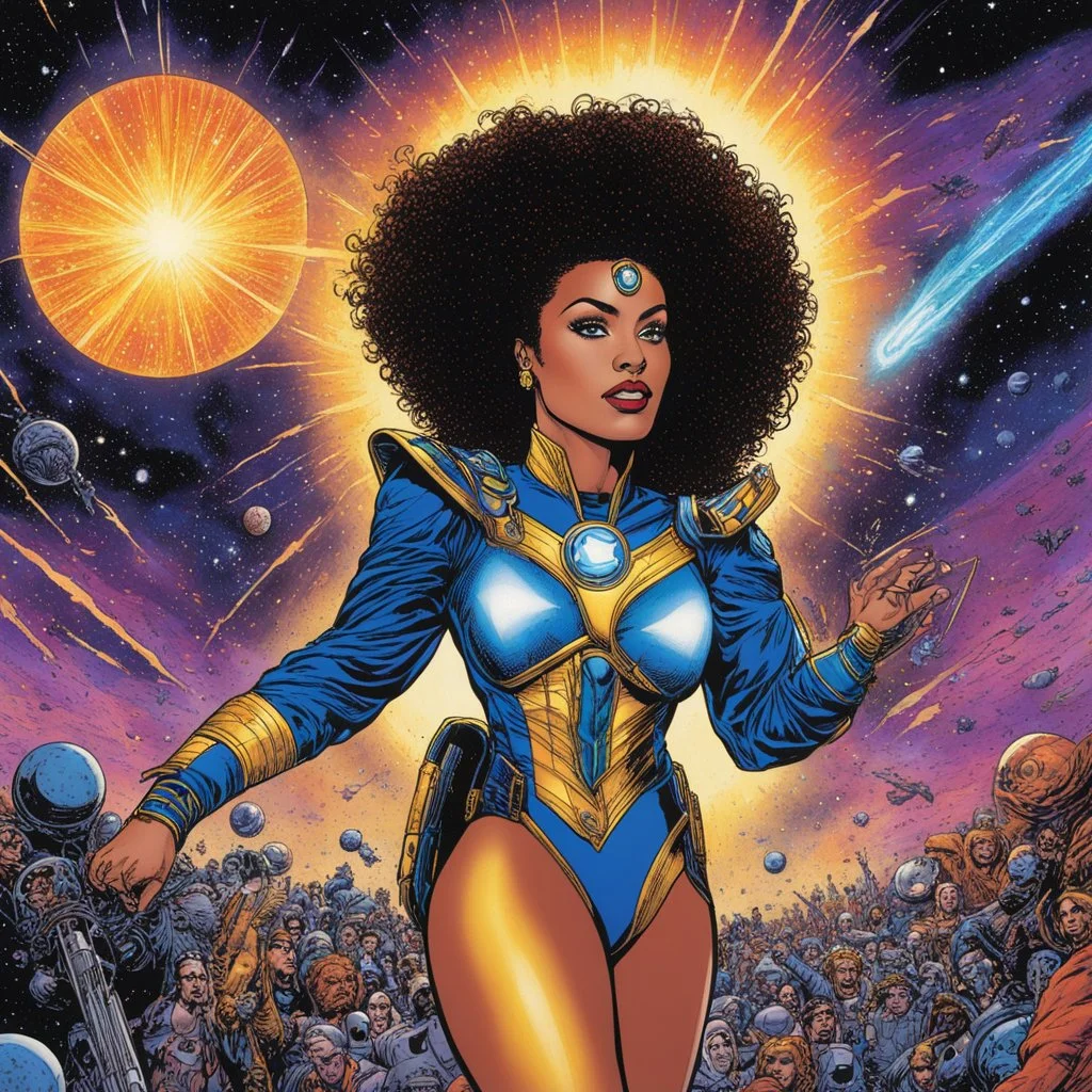 [art by George Perez] Captain Aurora Mitchell turned to her team, a glint of determination shining in her eyes. The vibrant colors of the alien world danced around them, mirroring the electric energy coursing through their veins. As her words hung in the air, her voice carried a subtle mix of awe and conviction. "It's space, that's why we're here," Captain Mitchell declared, her voice laced with a sense of cosmic wonder. In that moment, the team felt a surge of purpose,