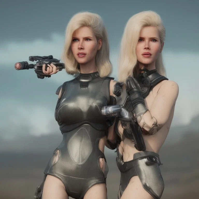 Ultra Realistic retro sci-fi movie war scene, waist up view portrait, blonde woman pointing a gun, sweet young Claudia Schiffer face, perfect iris, glow eyes, makeup, weapon. Drones background, Retro sci-fi style, helmet, tight latex coat, fog, rain, soft color, highly detailed, unreal engine 5, ray tracing, RTX, lumen lighting, ultra detail, volumetric lighting, 3d, finely drawn, high definition, high resolution.