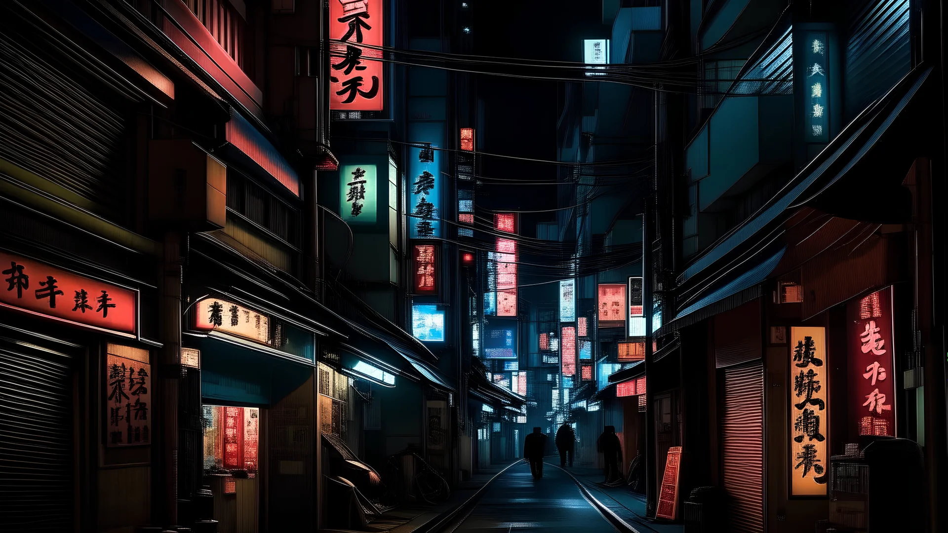 Neon-lit Tokyo streets, shadows hinting at otherworldly dangers, in a dark